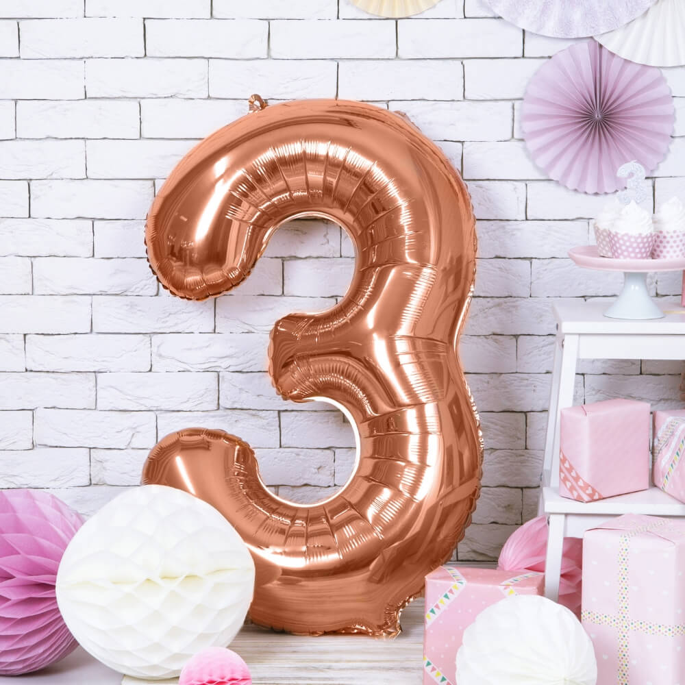 Balon številka 3 Rose Gold - Napihnjen s helijem - slika 2